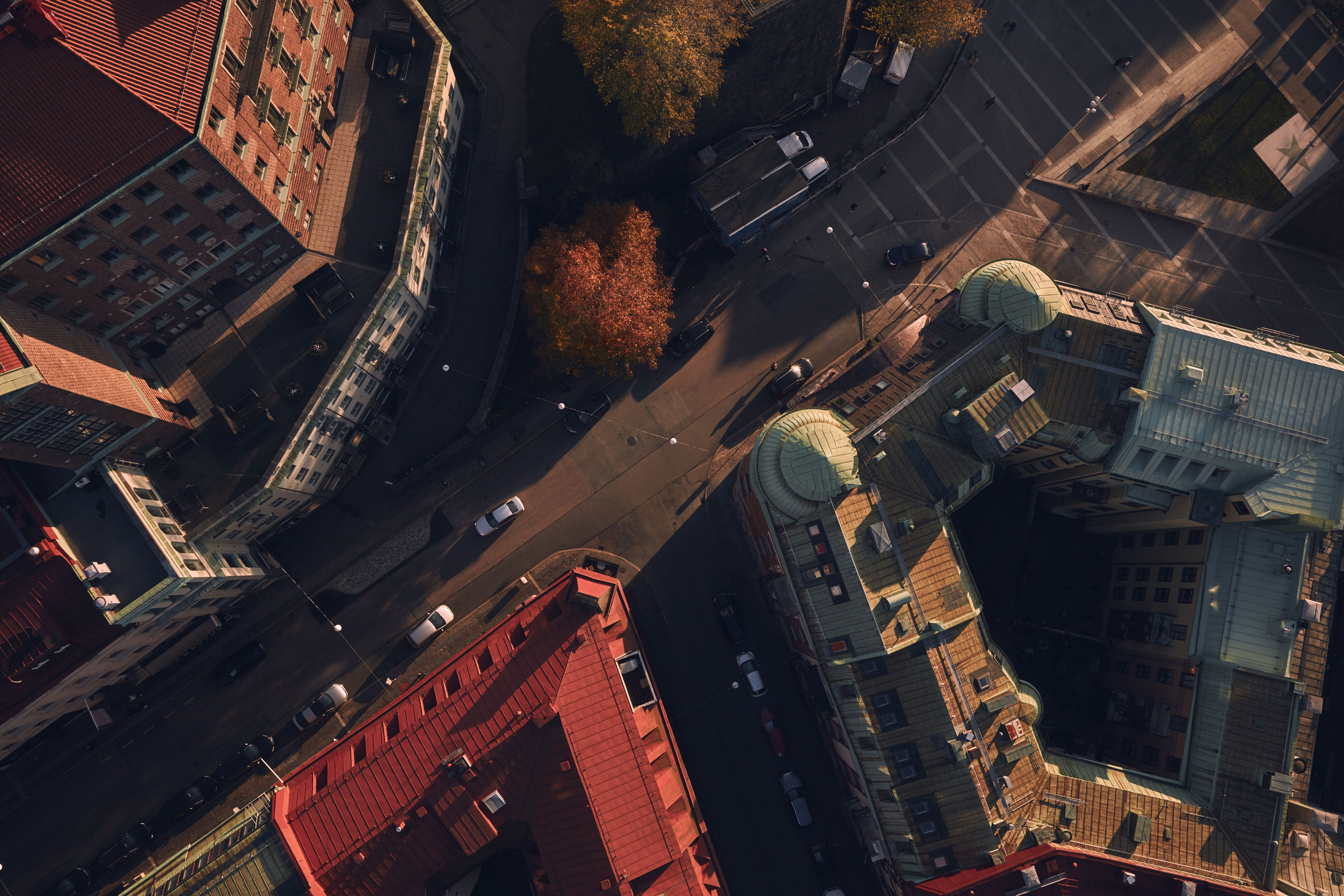An aerial shot of a city centre with building work being carried out in the foreground.