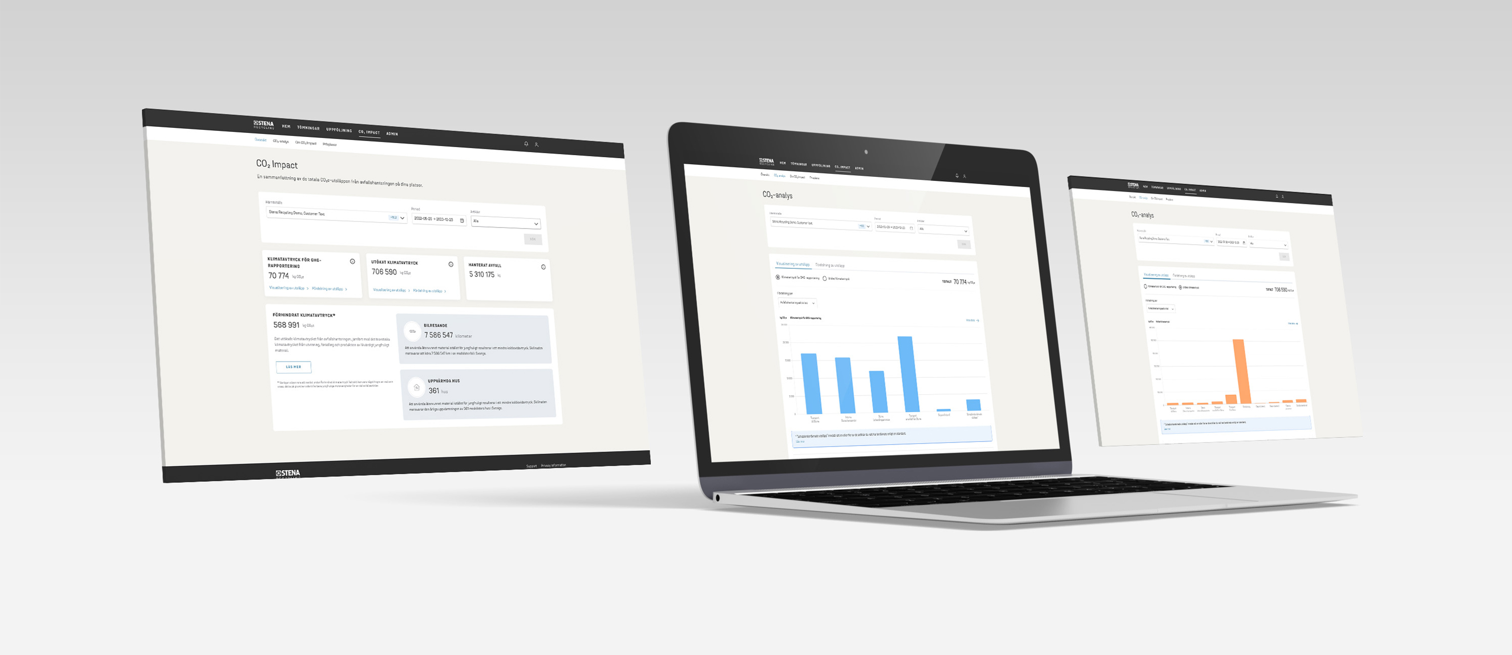 Laptop som visar olika delar av en rapporteringstjänst för CO2